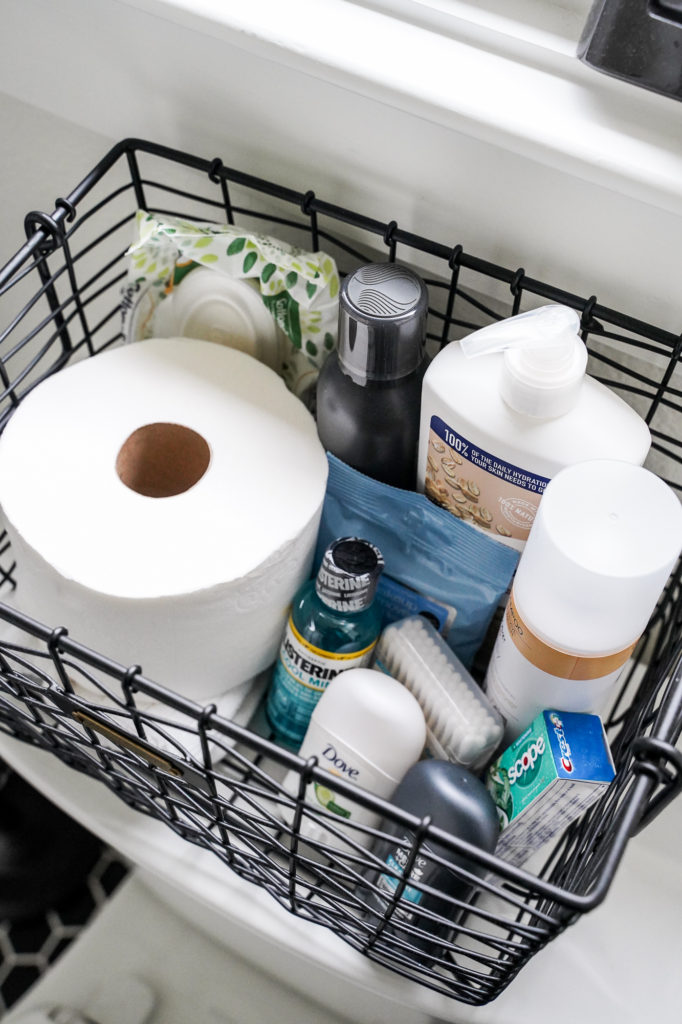 Guest bathroom toiletries basket