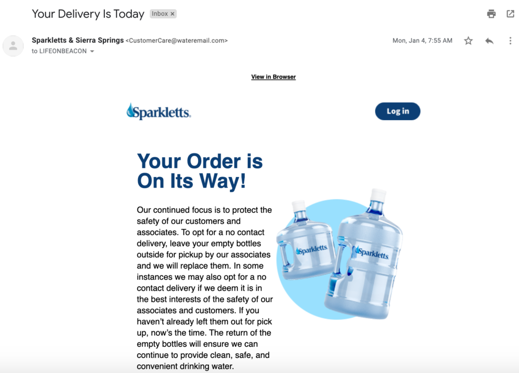 Our Sparkletts delivery email
